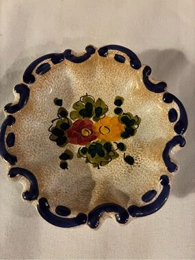 Italian Hand Painted Ceramic Trinket Dish Blue Yellow Green Navy Red Flowers